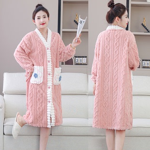 新款 睡衣女舒棉绒睡袍中长中厚可外穿浴袍 宽松保暖休闲纽扣开衫