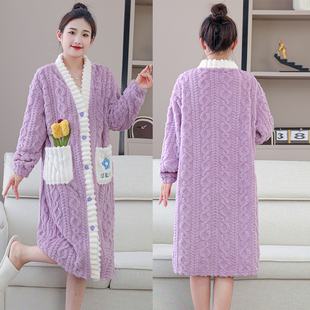宽松可外穿保暖浴衣 珊瑚绒睡袍大码 2025卡通中长款 加绒睡衣女冬季