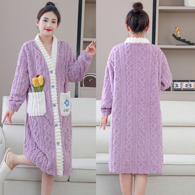 2025卡通中长款加绒睡衣女冬季珊瑚绒睡袍大码宽松可外穿保暖浴衣
