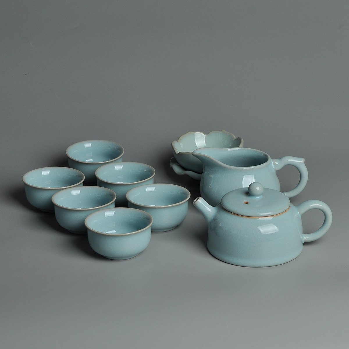 北宋汝窑产区 汝瓷整套茶具 十件套 支钉满釉玛瑙入釉天青开片