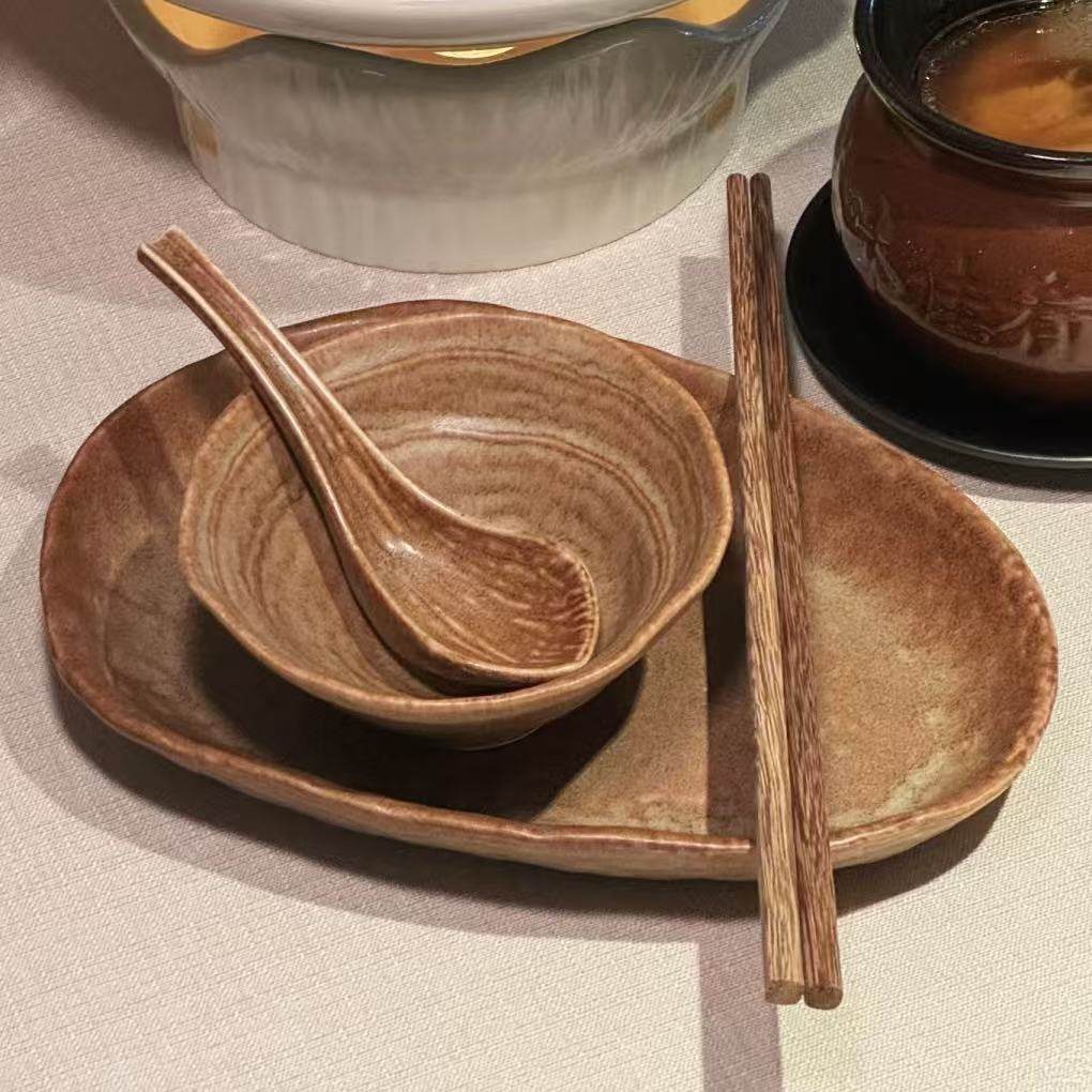 陶瓷摆台四件套创意复古山野风云贵川餐厅骨碟水杯汤饭碗勺子盘子