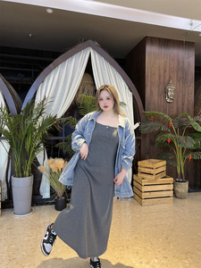 春秋新款大码女装200斤胖mm背心连衣裙休闲灰色内搭长裙藏肉显瘦