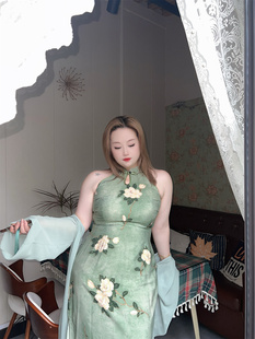茶色烟雨‘微胖大码女装夏新品改良版旗袍开衫套装长裙中式国风仙
