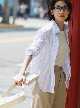 春夏通勤清爽蓝白条纹棉质衬衫