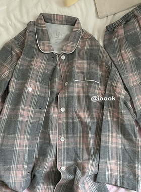 100%纯棉|秋冬粉格纹软糯舒适磨毛棉长袖睡衣睡裤!格子家居服套装