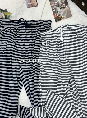 夏上新!居家也能小鸟腿敲酥糊的莫代尔条纹睡裤薄款显瘦条纹长裤