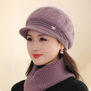 冬季 洋气老太太兔毛线帽中老年人防寒保暖针织棉帽 妈妈帽子女时尚