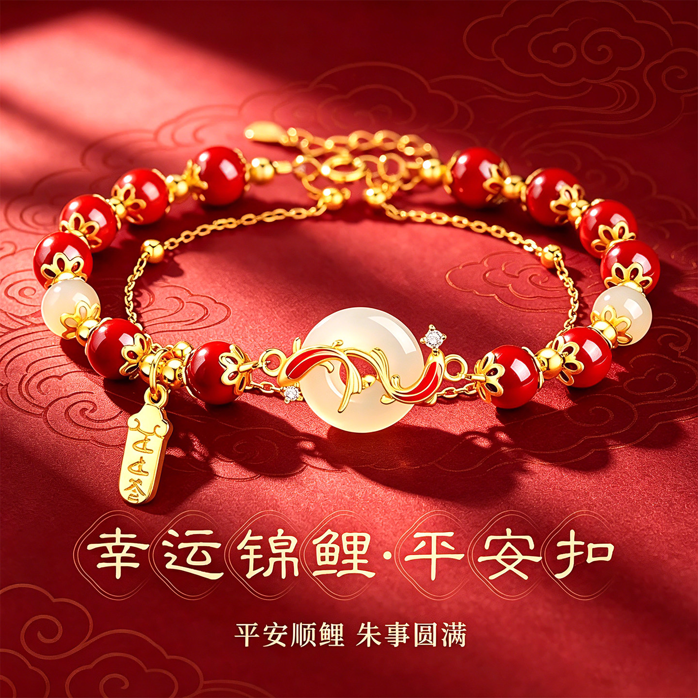 中国黄金央创锦鲤手链女士款和田玉平安扣朱砂手串母亲节礼物s925