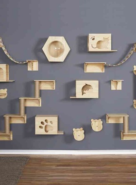 猫爬架墙壁式猫窝抓柱实木壁挂墙上柱子跳台di抓板磨抓组合猫玩具