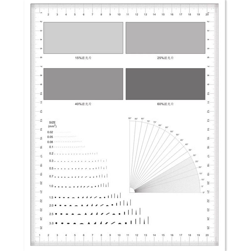 15%25%40%60%滤光片A4大小点规菲林片角度测量不规则面积点比对卡