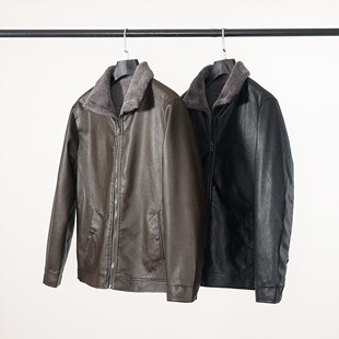 温润细腻皮质！一体软绒！秋冬男士纯色百搭翻领PU皮皮衣夹克外套