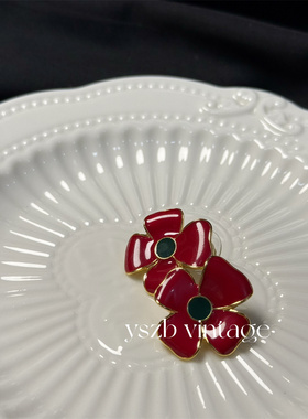 满50包邮 2056 复古港风轻奢小众红色珐琅四叶镀K金保色花朵耳钉