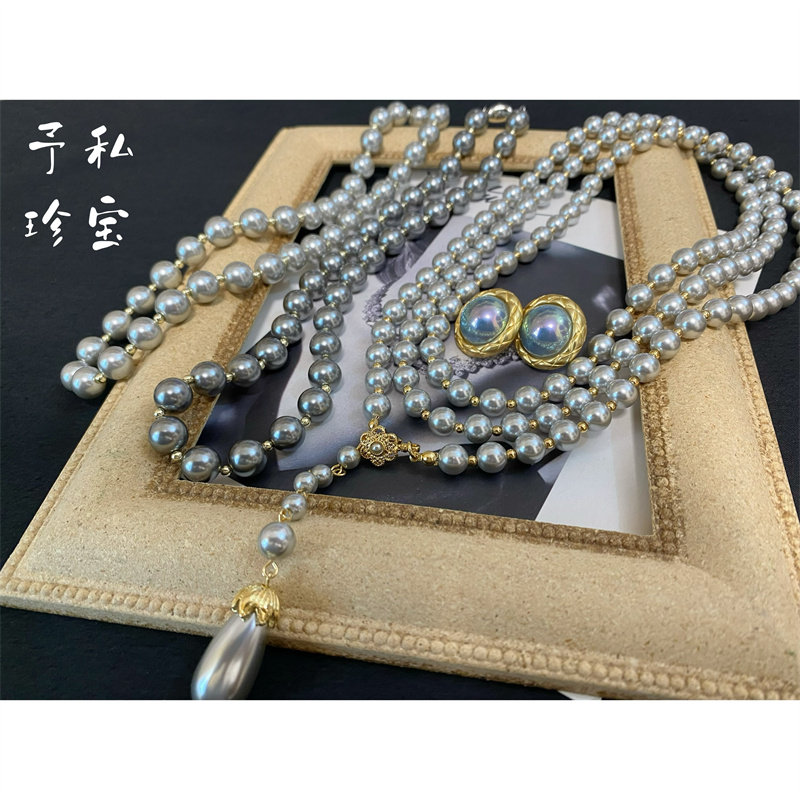 女复古灰珍珠耳钉项链套装