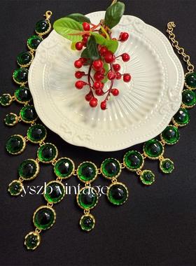 包邮 1964 复古Vintage宫廷风重工夸张镀真金祖母绿琉璃流苏项链