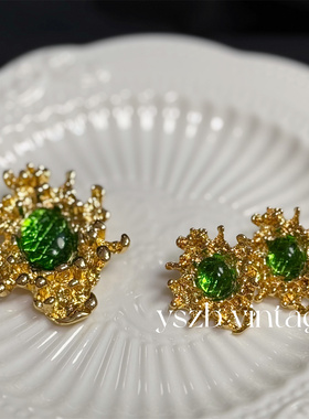 包邮 2010 复古Vintage绿色琉璃镀真金保色耳钉耳夹胸针套装