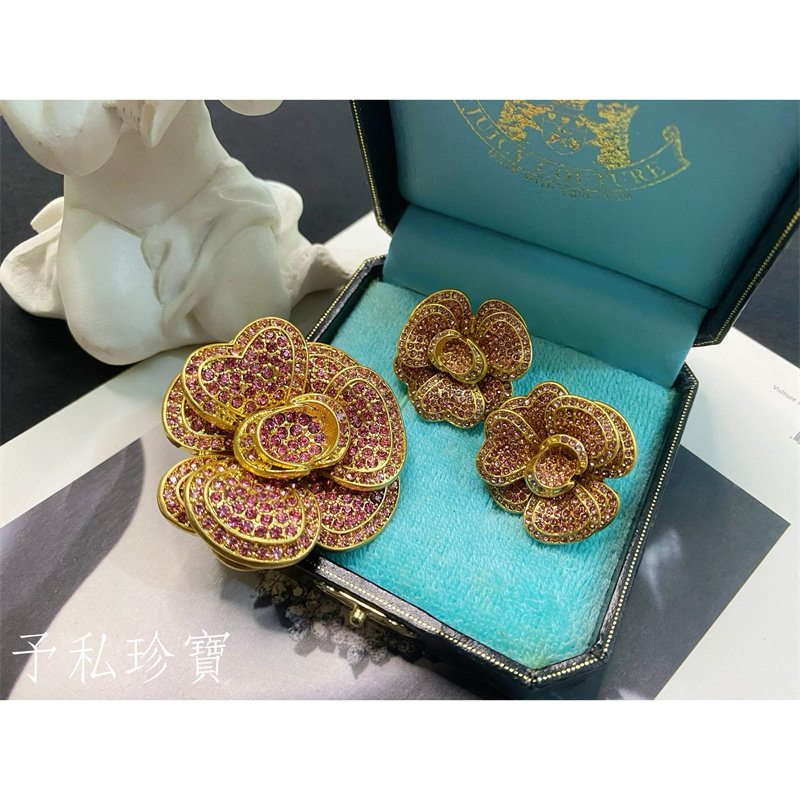 复古巴洛克女满钻花朵耳钉胸针