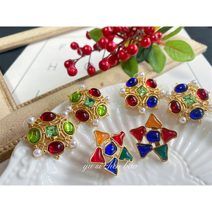 包邮 249 复古Vintage欧美巴洛克镀金保色琉璃星星耳钉耳环耳夹