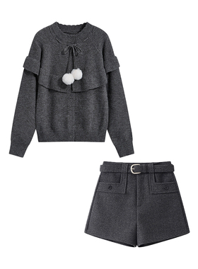 秋冬穿搭一整套女新款休闲荷叶边毛衣开衫高腰a字短裤两件套3131