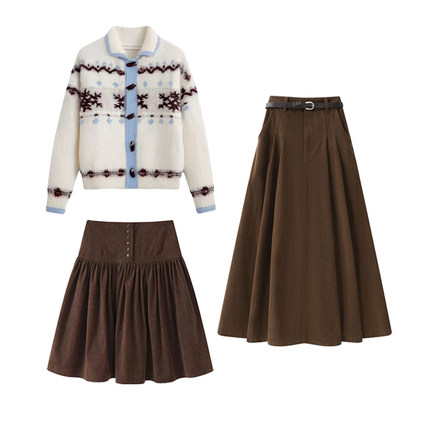 秋冬穿搭一整套女新款女费尔岛针织毛衣拼接裤裙长裙两件套装3037