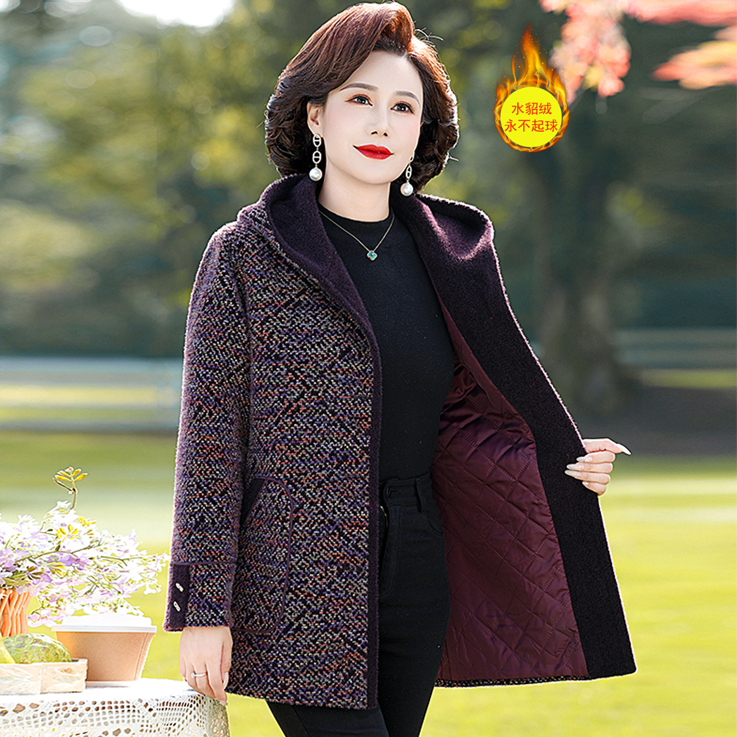 妈妈冬季新款洋气水貂绒连帽保暖大衣中老年女装加棉加厚毛呢外套