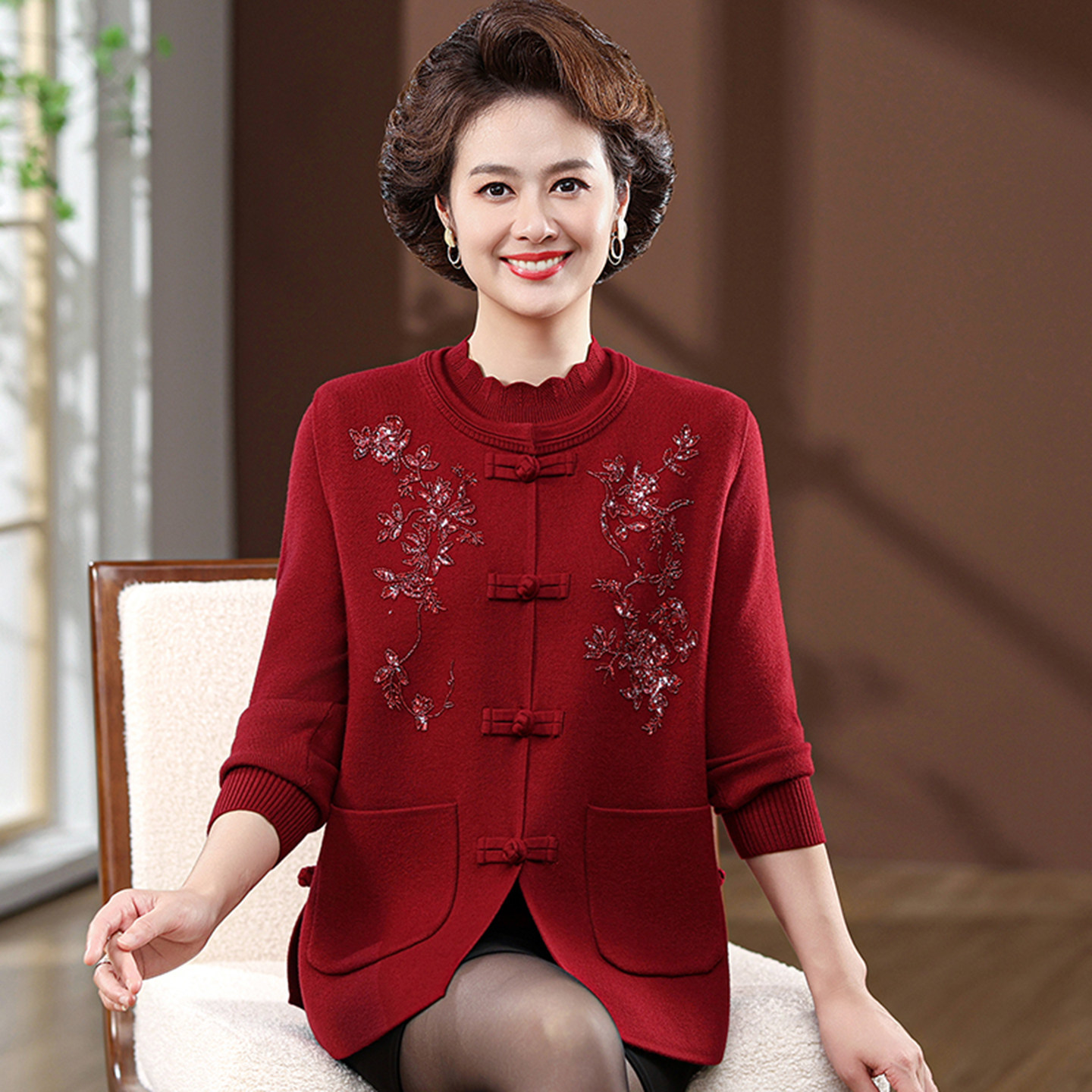 洋气妈妈秋装羊毛针织衫套装中老年女2025新款中式国风马甲两件套,女装/女士精品,中老年女装,淘宝优惠券,粉丝福利购,淘宝优惠卷