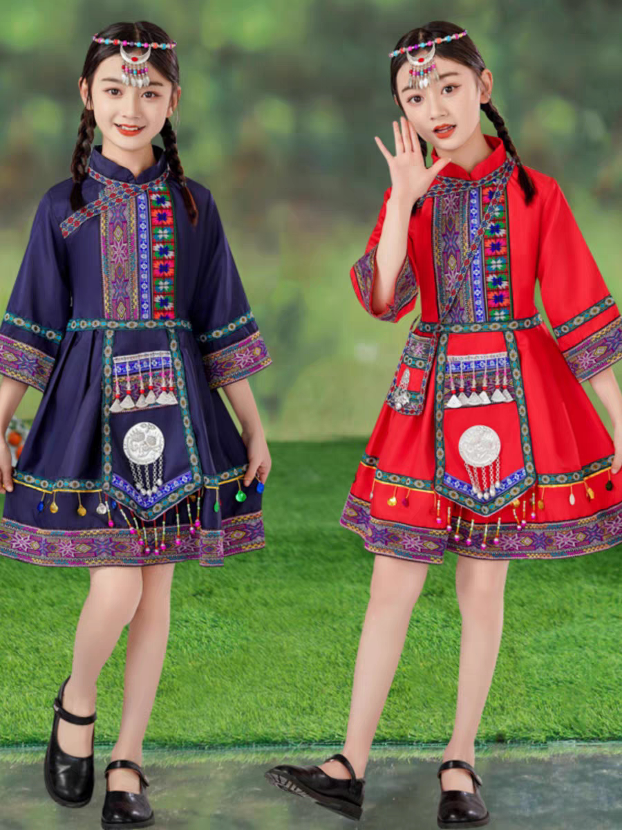 儿童演出服装苗族广西壮族三月三土家族哈尼族少数民族连衣裙女童