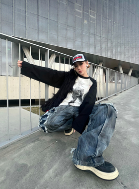 Human Voices朋克人像破坏做旧重磅插肩长袖t恤宽松打底衫潮流