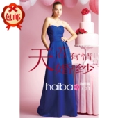 蓝色晚礼服抹胸欧美伴娘礼服新娘敬酒服长款 长裙缎面高腰裙 冬晚装