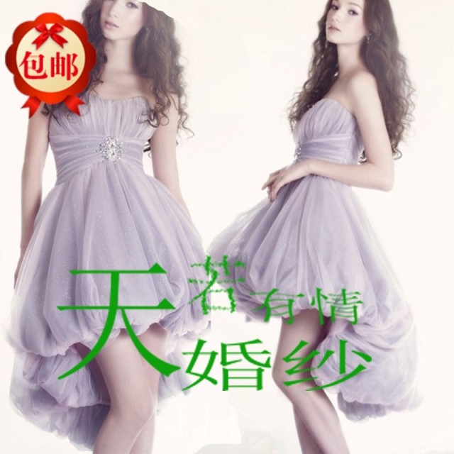 抹胸高腰蓬蓬婚纱浅紫色小礼服欧美礼服晚装外贸前短后长不规则裙