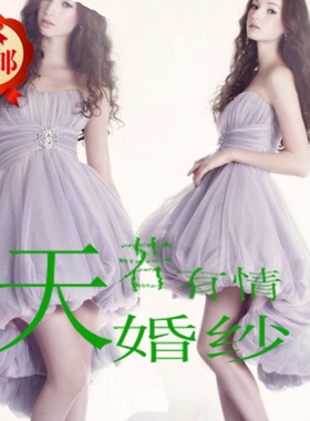 抹胸高腰蓬蓬婚纱浅紫色小礼服欧美礼服晚装外贸前短后长不规则裙