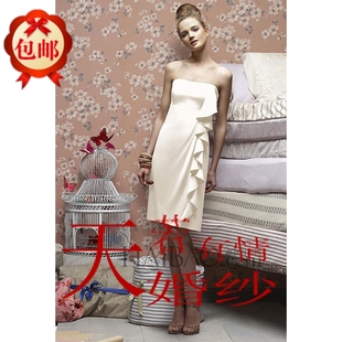 白色抹胸短裙结婚敬酒服伴娘礼服短款缎面小礼服外贸婚纱礼服甜美