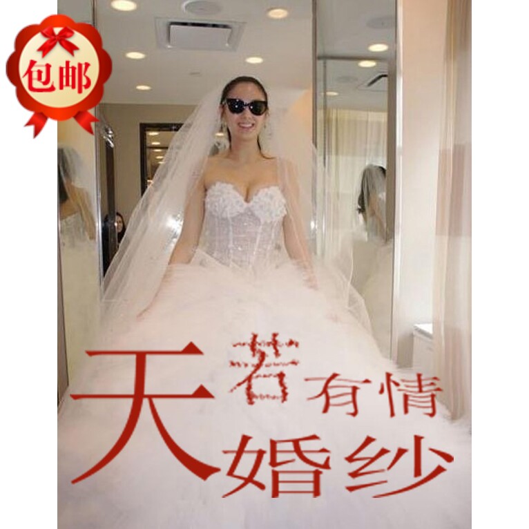 张雨绮同款婚纱抹胸蓬蓬裙明星奢华甜美手工花朵2013新款拖尾白纱