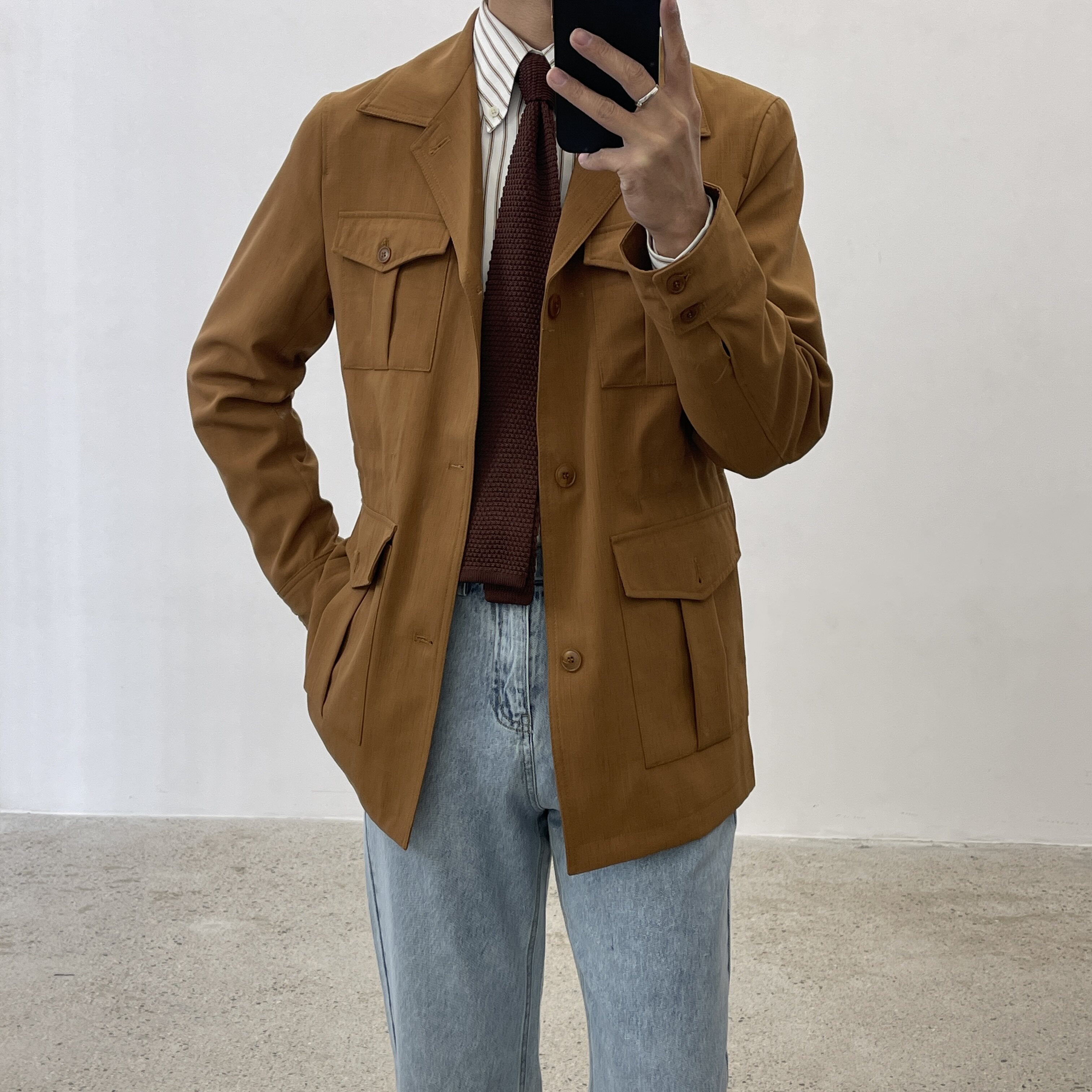 沐诚阳译何青菜春秋新品 薄款商务猎装夹克气质薄款口袋外套 男士