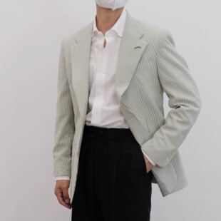 何青菜252012 外套 那不勒斯泡泡纱条纹男春夏单西休闲平驳领西装