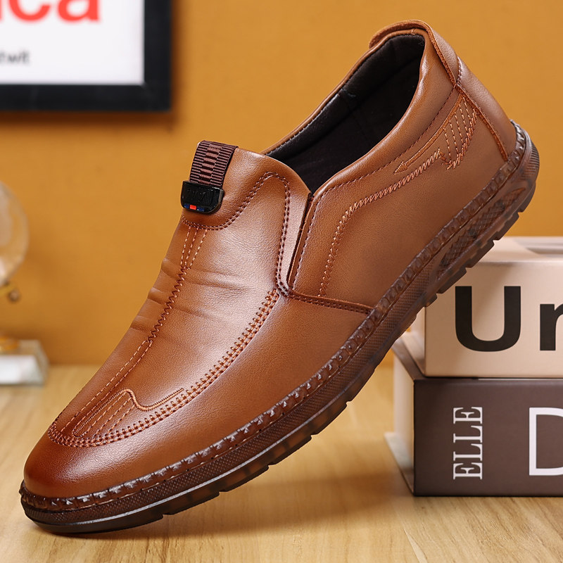 邦登贵足新款真皮男鞋商务休闲皮鞋男中老年一脚蹬防滑牛筋底软底