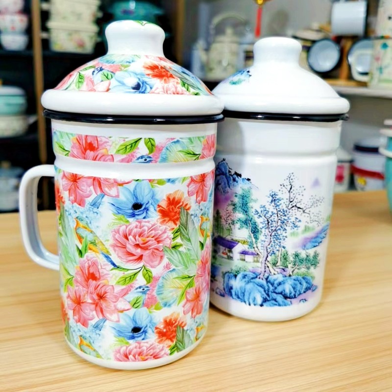 搪瓷茶缸加厚带盖带过滤网茶杯家用复古风茶水杯耐高温喝水杯,餐饮具,马克杯,淘宝优惠券,粉丝福利购,淘宝优惠卷