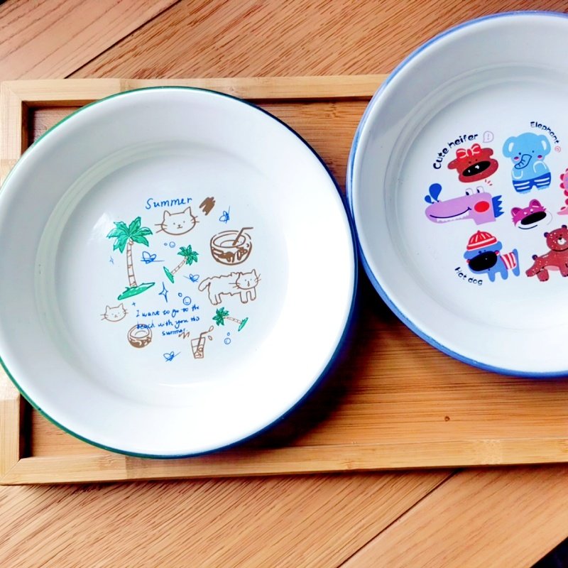 厚实搪瓷盘加深家用汤盘菜盘卡通水果点心盘早餐盘碟摔不碎耐高温