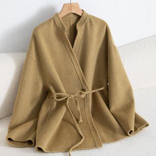 复古双面羊绒大衣女短款2025新宽松立领腰带小个子羊毛呢外套秋冬
