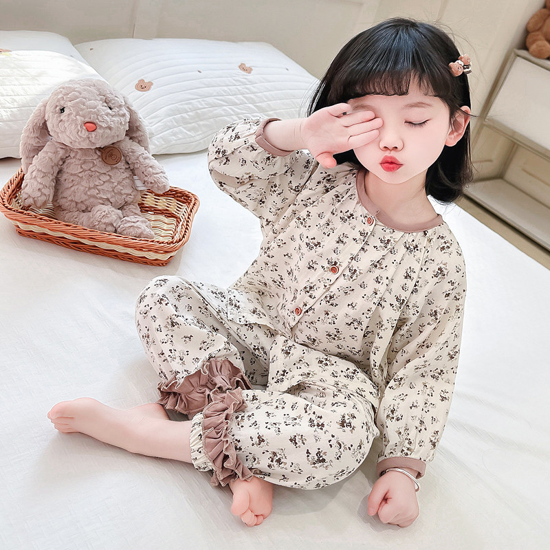 女童睡衣春秋季长袖薄款宽松版女宝宝棉布可爱公主家居服套装简约