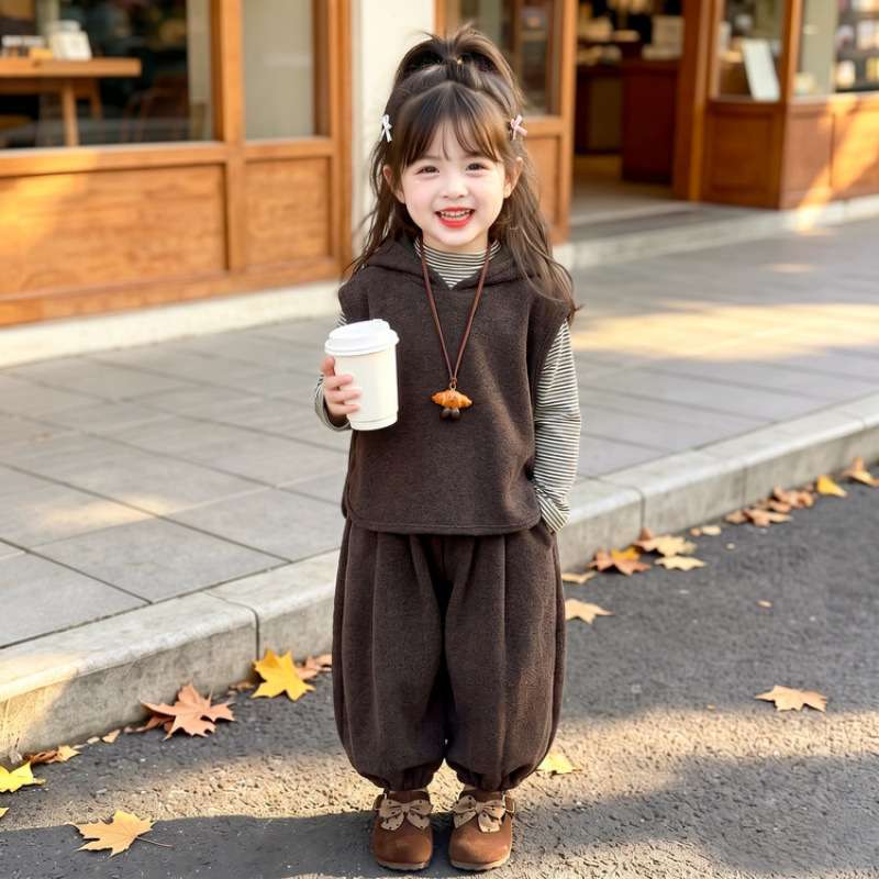 女童春秋季洋气马甲三件套2026新款儿童休闲条纹打底衫束脚裤套装
