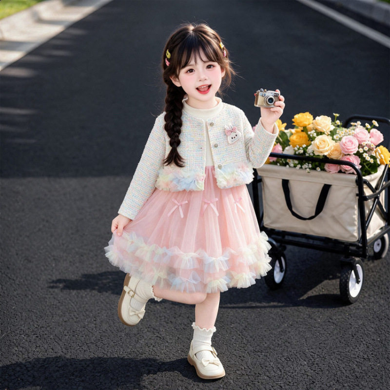 女童秋季连衣裙套装2026新款洋气儿童小香风外套女宝宝甜美网纱裙