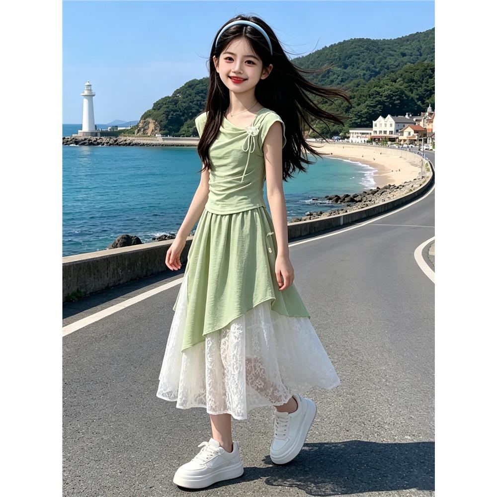 女童夏季穿搭森系绿色连