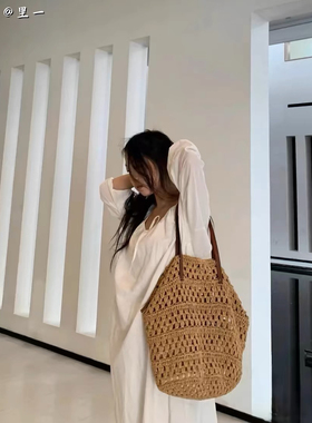 韩国东大门设计chic百搭大容量慵懒单肩草编包新款镂空度假沙滩包