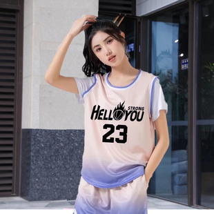 短袖篮球服套装女初高中学生假两件训练比赛服装有袖球衣订制班服