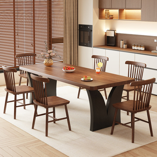 实木餐桌书桌一体中古风家庭用餐桌小户型客厅吃饭桌大板桌长方形