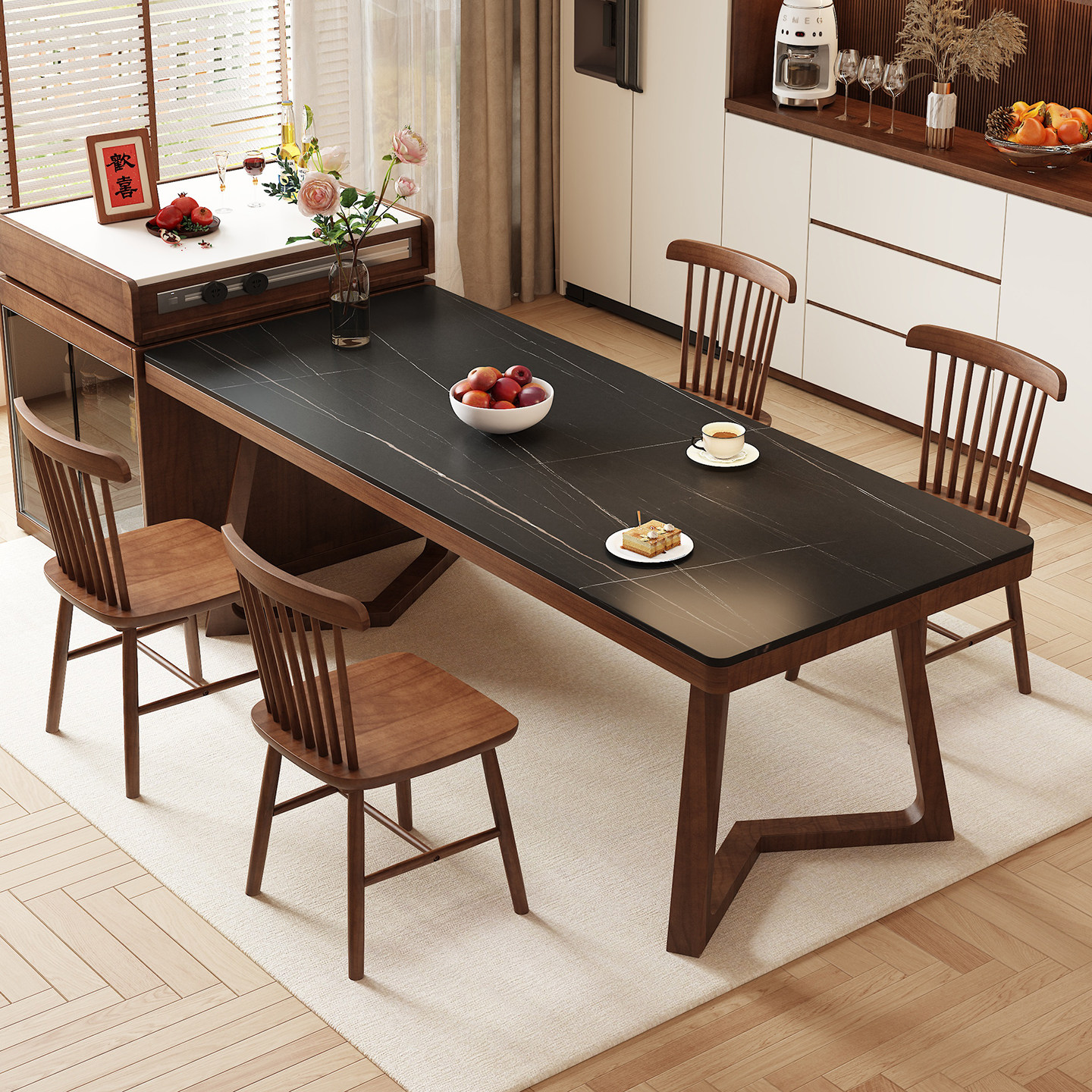 岛台实木餐桌黑色岩板餐桌小户型高级感意式客厅餐书桌一体长桌子