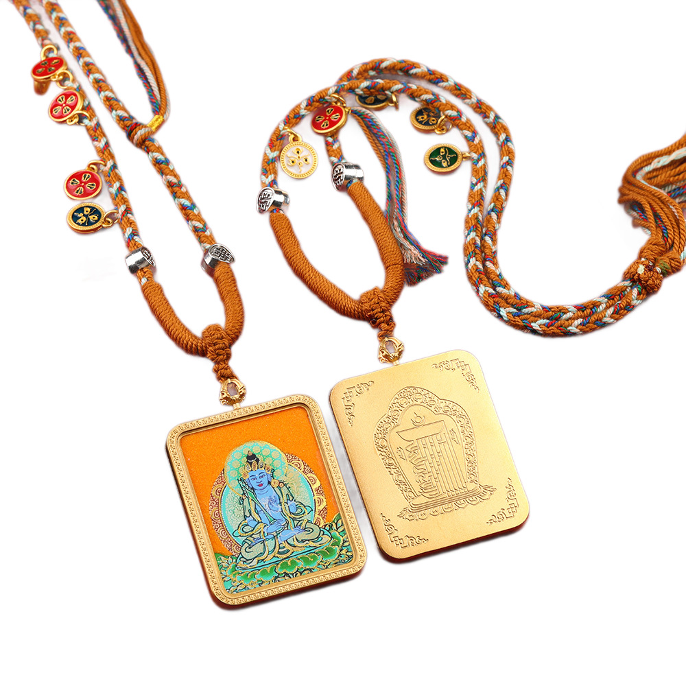 藏式唐卡粗矿半手绘描金八大守护神生肖本命佛唐卡项链钛钢壳
