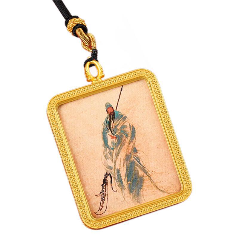 藏式半手绘描金唐卡关公描金十二生肖唐卡挂脖吊坠项链