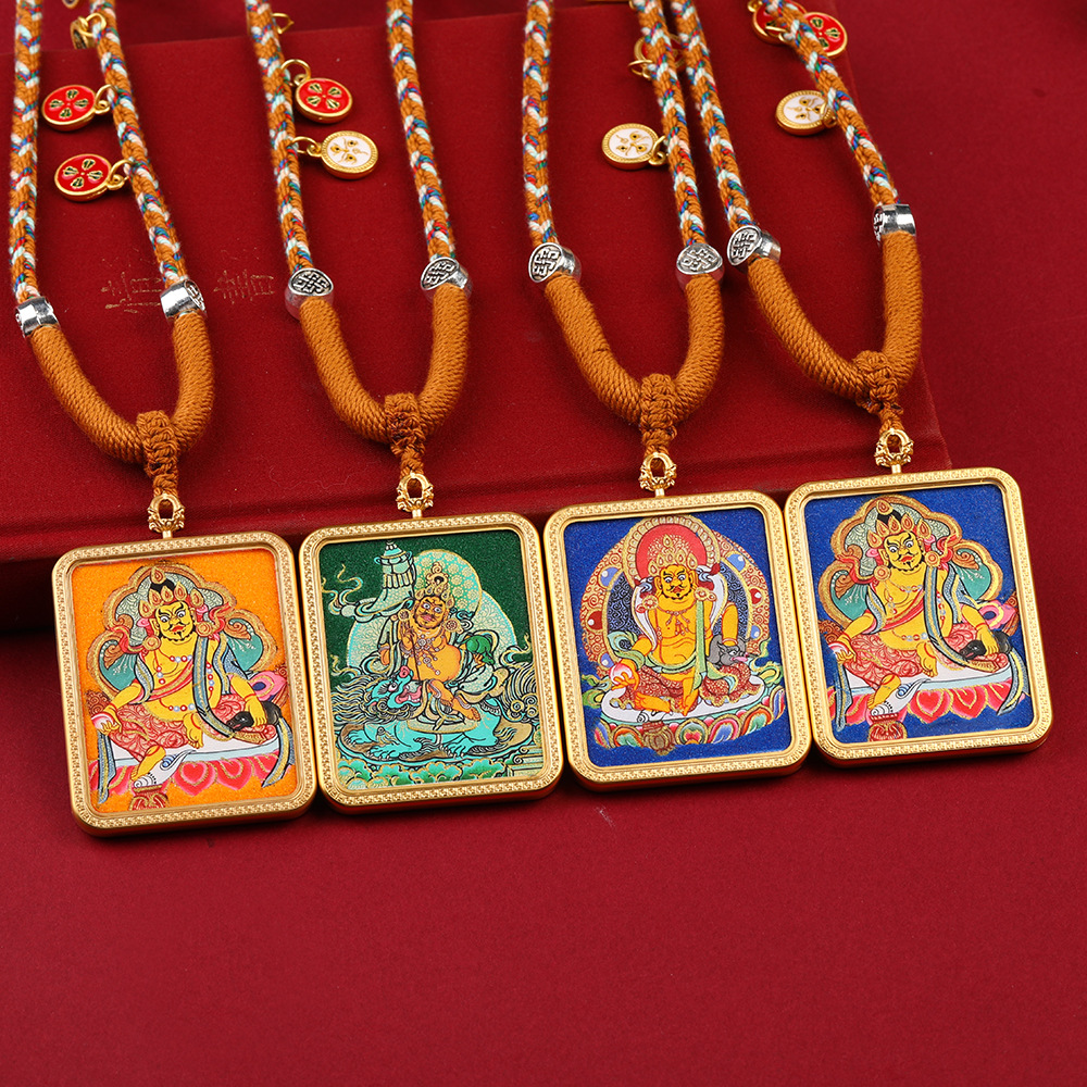 藏式唐卡西藏粗矿半手绘描金黄财神本命佛项链手工编绳款绿度母