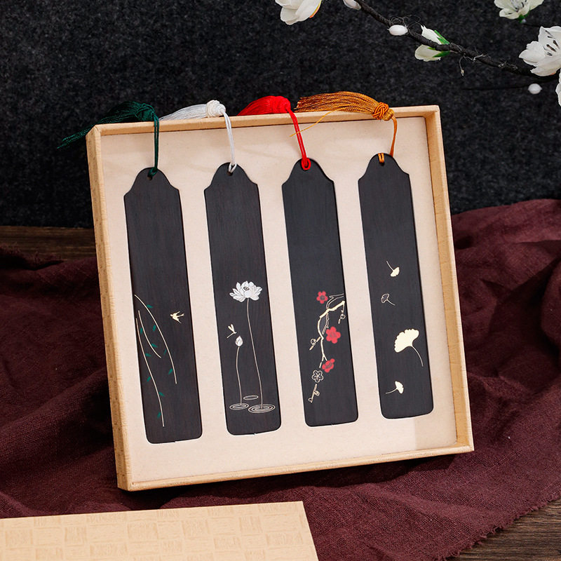 古典中国风窗棂古琴黑檀科檀红木书签四件套礼盒套装刻字企业团购